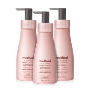 lot 1528 image: Method Premium Foaming Hand Wash, Vanilla  Raspberry, Reusable Pink Aluminum Bottle, 10 fl oz (Pack of 3)