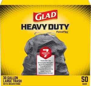 lot 1530 image: Glad Large 30 Gallon Trash Bags, Unscented Heavy Duty Garbage Bags, Forceflex with Drawstring, 50 Count (Packaging May Vary)