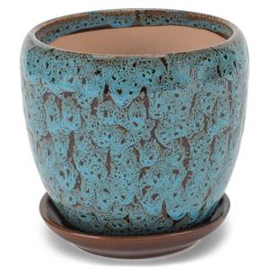 lot 1548 image: Napco Mottled Teal and Black 4.5 Inch Ceramic Flower Pot Planter with Saucer