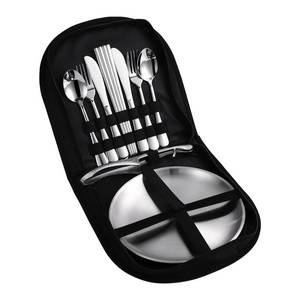 lot 2211 image: KERMANDO Stainless Steel Outdoor Camping Mess Kits - Includes Forks, Spoons, Knives, Chopsticks, Food Clip, Plates - Portable Cutlery Bag