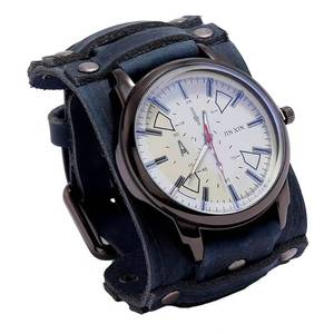 lot 2241 image: MINILUJIA Handmade Men Watches Vintage Punk Hip-hop Gothic Wide PU Leather Fashion Cuff Round Dial Quartz Wristwatch Big Dial Black Brown (Blue)
