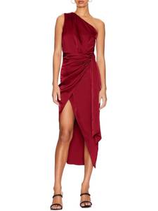 lot 2244 image: BerryGo Womenfts 2023 Satin One Shoulder Ruched Formal Midi Dress Sleeveless Bodycon Knot Belted Wrap Cocktail Dress with Slit with Slit Burgundy S