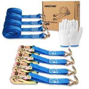 lot 2264 image: Ratchet Straps (4-Pack), 1 Inch x 16.4 Feet (2200lb Break Strength) with Sturdy Metal Hooks, 1x Work Gloves, Heavy Duty Tie Down Straps for Truck, Cargo Trailer, Motorcycle, Luggage, Moving (Blue)