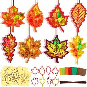 lot 2271 image: Motipuns 32 Sets Thanksgiving Day Maple Leaf Suncatchers Craft Kits DIY Fall Leaf Tissue Paper Crafts Stained Glass Effect Tissue Paper Kit for Autumn Halloween Window Art