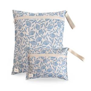 lot 2280 image: mushie Water Resistant Wet Bags  Large and Small Reusable Storage Bag for Baby Items and Travel  Zippered Pockets with Handle  Machine Washable, Set of 2 (Blue Flowers)