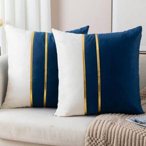 lot 2326 image: ZLINA Set of 2 Velvet Decorative Throw Pillow Covers Navy Blue White Patchwork with Gold Leather Pillow Covers 18  18 Inch Cushion Covers Decor Living Room Sofa Bedroom Car