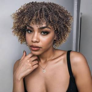 lot 2329 image: Hanne Fashion Short Curly Afro Wig With Bangs for Women Kinky Curly Wigs Ombre Brown Afro Wig Heat Resistant Fluffy Synthetic Wigs T27number