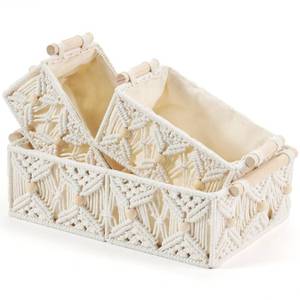 lot 5543 image: VinneGenzz 3PCS Decorative Boho Macrame Storage Baskets Handmade Bohemian Box Natural Cotton Rope Woven Bins with Wooden Handles Countertop Toilet Tank Shelf Organizer - Off White with Wood Beads