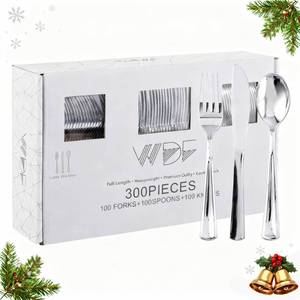 lot 5544 image: WDF 300 Pieces Silver Plastic Silverware - Plastic Silverware Heavy Duty - 100 Forks 100 Knives 100 Spoons - Disposable Silver Cutlery Perfect for PartyWeddingChristmas