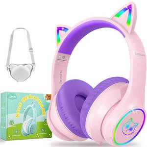 lot 5546 image: LOBKIN Kids Bluetooth Headphones,Over Ear Kids Headphones Wireless with Mic 50H Playtime Colorful LED Lights AUX Cord 94dB Safe Volume Limited Foldable Design for Boy Girl TravelSchooliPad