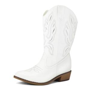 lot 5548 image: mysoft Womenfts Wide Calf Cowboy Boots Pull-On Mid-Calf Embroidered Pointed Toe Retro Western Boots, 7.5W