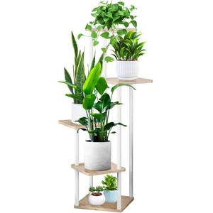 lot 5561 image: YOCOMEY 5 Tier Wood Tall Plant Stand Metal Rack Indoor, Multiple Flower Pot Holder Shelves Corner Rack, Planter Shelf Display Rack Storage Organizer for Patio Living Room Balcony Garden(White Oak)