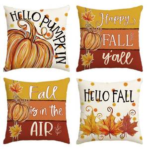 lot 6045 image: AVOIN colorlife Happy Fall Yftall Pumpkin Maple Leaves Pillow Covers, 18 x 18 Inch Fall is in The Air Seasonal Thanksgiving Harvest Cushion Case Decoration for Sofa Couch Set of 4