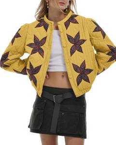 lot 6049 image: Gacaky Womenfts Lightweight Floral Embroidered Cropped Quilted Jacket Winter Warm Button Down Puffer Jacket Coat with Pockets Yellow S