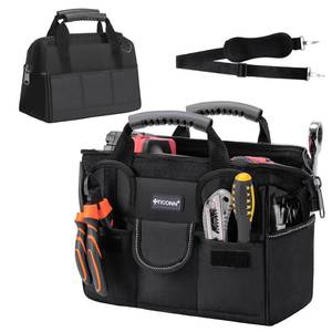 lot 6051 image: TICONN Heavy Duty Tool Bag with Multi-Pockets, Portable Tool Box Organizer Storage Bag, with Adjustable Shoulder Strap and Ergonomic Handle (Black, 12 Standard Base)in