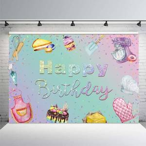 lot 6055 image: MEHOFOND Baking Cooking Girl Birthday Backdrop Happy Birthday Party Decorations Pink Cake Kitchen Party Table Banner Letfts Mixing Things up Photography Background Props 7x5ft