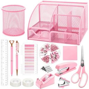 lot 6058 image: Fayoo 11 Pcs Pink Office Supplies Set Mesh Desk Organizer Accessories Kit include Stapler Tape Dispenser Staple Remover Clips Ruler Scissors Sticky Notes for Office School Home Women (Pink)