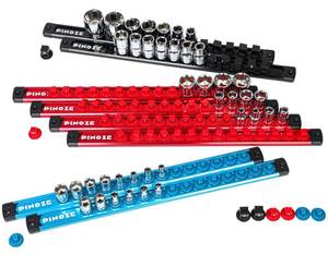 lot 6062 image: PINOZE 8PCS Magnetic Socket Holder Organizer Set - 14, 38, 12 - Aluminum Alloy Socket Rail Trays for Tool Box Drawer, Socket Rack Kit with 114Pcs Clips for Automotive Garage(Blue Red Black)
