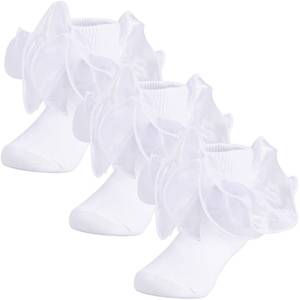 lot 6063 image: Dicry Baby Girls Double Lace Turn Cuff Socks with Big Ruffle for Toddlers and Kids (3 Pairs White, 1-3 Years)