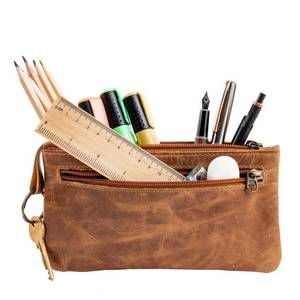 lot 6067 image: moonster Leather Pencil Case Pouch, Handcrafted 8 x 4in Leather Pen Case with Zipper - Pencil Cases for Adults with Side Pocket - Pencil Pouch Zippered Pen Bag - Light Brownin