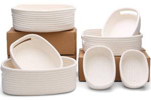 lot 6083 image: HLWDFLZ 7 Piece Cotton Rope Woven Basket Set - Small Basket for Baby Nursery, Pets, Montessori, Dog and Cat Toy Boxes, Bathroom Organization Bins (White)