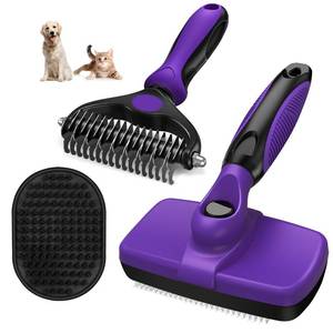 lot 6086 image: Augwind 3PCS Self Cleaning Slicker Brush and Pet Grooming Rake and Bath Brush for Dogs,Cats and Horses  Double-Sided Dematting Comb and Skin Friendly Deshedding Grooming Tool  Pet Supplies (Purple Black)