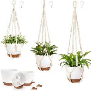 lot 6089 image: Mkono Hanging Planters, Macrame Plant Hangers with Self Watering Plant Pots Indoor Set of 3 Hanging Baskets Flower Pot Holders with Hooks No Tassels 3 Different Size for Boho Home Decor