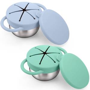 lot 6137 image: BUSOHA 2 Pack Stainless Steel Toddler Snack Cups - 9 OZ Spill-Proof Baby Snack Containers with Silicone Catcher and Lid Travel Snack Containers for Kids Food Grade Silicone Dishwasher Safe