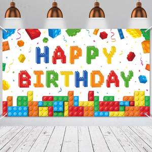 lot 6149 image: Panelee Building Block Birthday Banner Building Blocks Party Backdrop Decoration Happy Birthday Banner Photography Background for Party, 72.8 x 43.3 Inch(White)