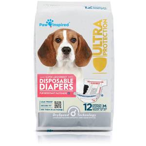 lot 6158 image: Paw Inspired Disposable Dog Diapers  Female Dog Diapers Ultra Protection  Diapers for Dogs in Heat, Excitable Urination, or Incontinence (12 Count, Medium)