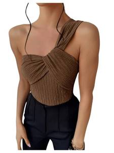 lot 6168 image: OYOANGLE Womenfts Textured One Shoulder Twist Front Ruched Bodysuit Sleeveless Tank Top Body Suits Brown X-Small