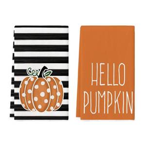 lot 6191 image: Artoid Mode Orange Polka Dot Stripes Hello Pumpkin Fall Kitchen Towels Dish Towels, 18x26 Inch Farmhouse Decoration Hand Towels Set of 2