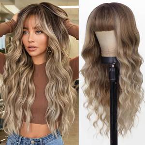 lot 6194 image: AISI QUEENS Ombre Blonde Wig with Bangs Long Blonde Wavy Wigs for Women Synthetic Curly Wavy Wigs with Dark Root Middle Part Heat Resistant Wig for Daily Party Wear