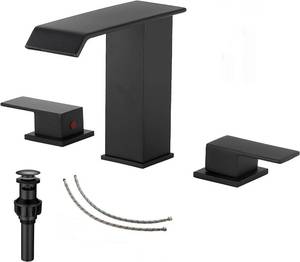 lot 7518 image: Waterfall Bathroom Faucet Matte Black Widespread GGStudy 3 Holes 2 Handle Black Modern Bathroom Sink Faucet with Pop Up Drain