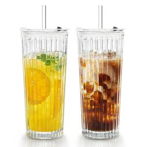 lot 7529 image: Puraville 2 Pack 18oz Glass Cups with Lids and Straws, Vintage Ribbed Striped Thickened Glassware for Whiskey Cocktail Beer, Mason Jar Drinking Glasses Tumbler Iced Coffee Cup, Clear