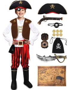 lot 7538 image: PARTTELY Pirate Costume Set for 3-14 Years Boys, Kids Pirate Costume Set for Toddler Halloween Dressup, Themed Party Red