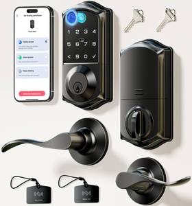 lot 7544 image: Veise VE017-L Fingerprint Smart Lock with 2 Lever Handles, Keyless Entry Front Door Lock Set, App Control, Electronic Digital Keypad Deadbolt, Easy Installation, Emergency Power Port, Matte Black - Retail $149