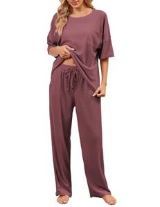 lot 8375 image: JiniGolla Women Waffle Knit Pajama Sets Short Sleeve PJ Top with Long Pant Cozy Sleepwear Red M