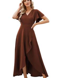 lot 8376 image: Formal Dresses for Women,Gowns Evening Party Cocktail Dress,Long Split Elegant V Neck Wrap Ruffle Wedding Guest A-line Dresses Deep Coffee Brown-S