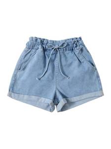 lot 8388 image: SOLY HUX Womenfts Summer Denim Shorts Drawstring Elastic Waist Straight Leg Jeans with Pockets Light Wash Large