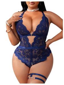 lot 8392 image: SOLY HUX Womenfts Plus Size Lace Lingerie Set Deep V Neck Teddy Bodysuit Babydoll Nightwear with Leg Ring Solid Blue X-Large Plus