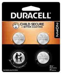 lot 8412 image: Duracell 2032 Lithium Battery, 4 Count (Pack of 1), Compatible with AirTag, Child Safety Features, Key Fob, CR2032 3V Cell
