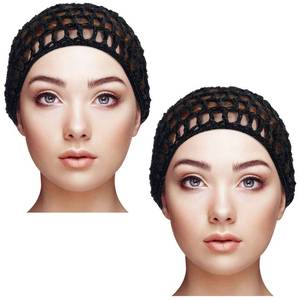 lot 8424 image: Geyoga 2 Pieces Mesh Crochet Hair Net Rayon Knit Snood Cap Cover Crocheted Shower Caps Sleep Hat for Women(Black)