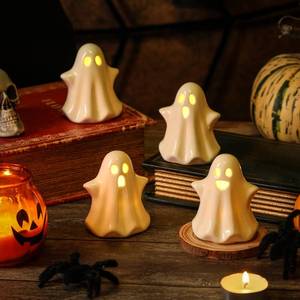 lot 8489 image: 4PCS Ceramic Ghost Light Up Decor, Cute Ghost Halloween Decor, Small White Ghost Figurine Timer Led Ghost Figurines for Desk Tabletop CenterpiecesHalloween Decoration Indoor