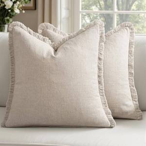 lot 8492 image: Woaboy Decorative Linen Fringe Throw Pillow Covers Boho Farmhouse Soft Euro Accent Pillowcases with Tassels for Bed Couch Sofa Living Room Bedroom,24x24 Inch Set of 2,Beige