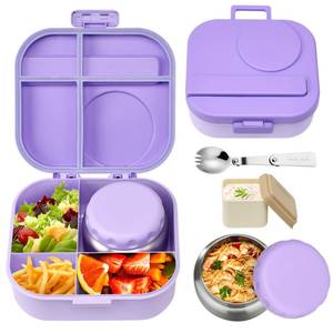 lot 9466 image: Aimsnk Bento Lunch Box for Kids with 12oz Soup Thermo,4 Compartments Lunch Box Containers Kids, Includes Foldable Spoon andSauce Jar, BPA FreeandLeak proof,Insulated Food Jar for Travel,School (Purple)