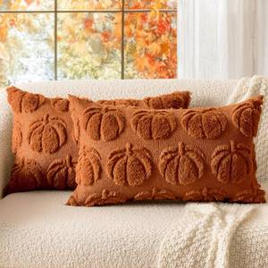 lot 10411 image: MIULEE Fall Throw Pillow Covers 12x20 Set of 2 Autumn Decorations Dark Rust Pumpkin Accent Lumbar Pillowcase for Outdoor Porch Sofa Couch Bed Living Room Plush Faux Fur Halloween Farmhouse Home Decor