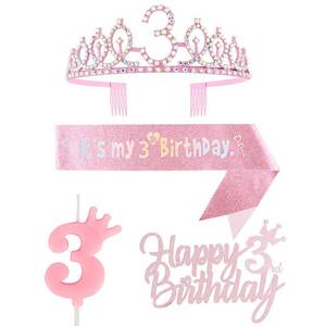 lot 10446 image: 3rd Birthday Decorations for Girl, Including CrownTiara, Sash, Cake Toppers and Number 3 Candles, Pink Party Supplies for 3 Year Old Girlfts Birthday