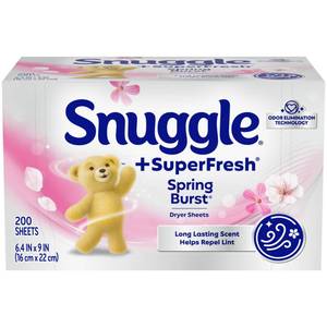 lot 12028 image: Snuggle Plus SuperFresh Dryer Sheets with Static Control and Odor Eliminating Technology, Spring Burst, 200 Count