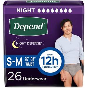 lot 13712 image: Depend Night Defense Adult Diapers, Incontinence Underwear for Men, Disposable, Overnight, SmallMedium, Grey, 26 Count, Packaging May Vary